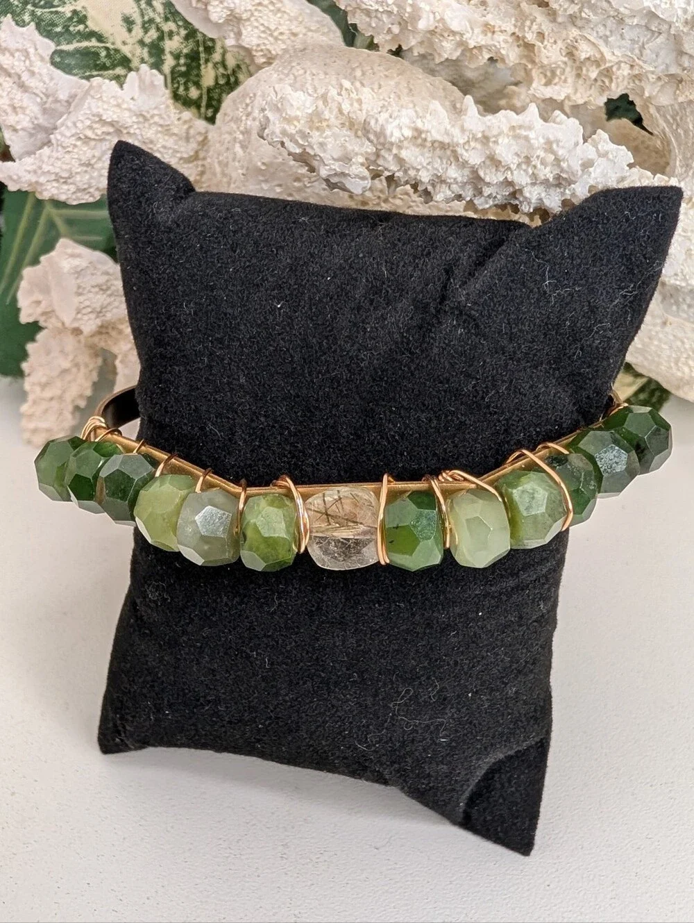 Faceted Nephrite Jade Wire-Wrapped Cuff Bracelet